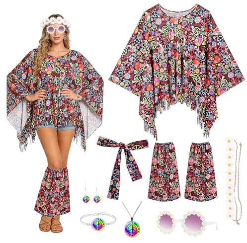 Kuvarix Hippie Kostüm Damen, 8 Stück 60er 70er Jahre Outfit Damen mit Poncho, Halskette, Ohrringe, Stirnband, Sonnenbrillen, para Carnaval, Mardi Gras, Discoteca y Fiesta