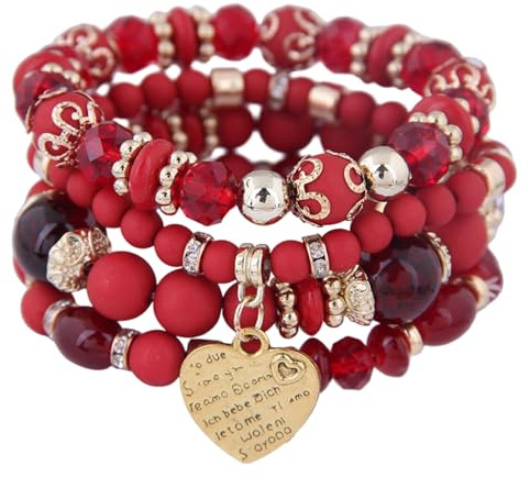 Oxtxuzdm Ethnisch inspiriertes, elastisches Kristall Herz Armband mit mehrschichtigen Perlen und beweglichen Fransendetails Elastisches, mehrschichtiges Harz Quasten Armband