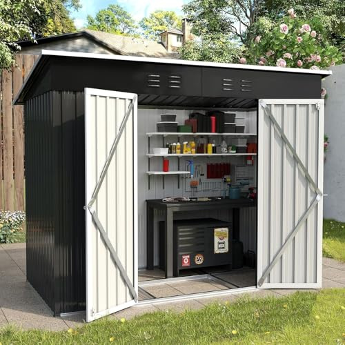 UDPATIO Casetas de Jardin Exterior Grandes, 228x109x181 cm, Cobertizo Jardin de Metal Negro con Doble Puerta(106cm), Caseta de Almacenamiento para Herramientas y Equipos