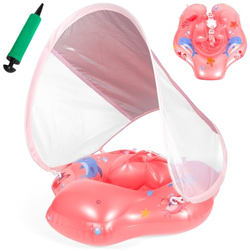 PQETBV Piscina Salvagente Bambini Gonfiabile, Salvagente Neonato 1-3 anni, Salvagentes Neonato con Parasole e Seggiolino di Sicurezza, Anello di Nuoto Bambini UPF50+ Protezione UV(Rosa)