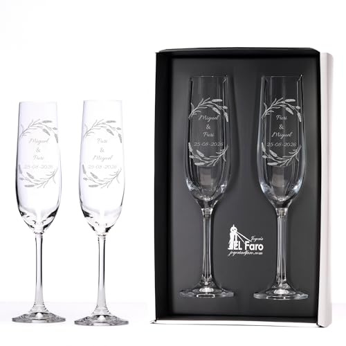 JOYERIA EL FARO Copas Grabadas para Novios, Ramitas | Copas Personalizadas para Bodas, Cristal de Bohemia de Alta Resistencia, Estuche Premium Incluido, Brinda y Celebra el Amor