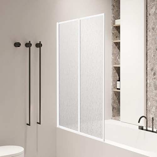 Jaxguom Mampara de ducha para bañera de 100 x 140 cm, mampara de ducha de plástico, plegable, marco de aluminio blanco, izquierda o derecha, con estructura de gota