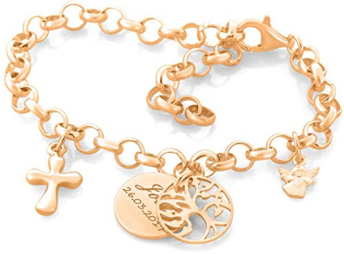 Taufarmband rosegold Lebensbaum Engel Kreuz Namensschmuck zur Taufe Taufgeschenke Mädchen mit Schutzengel 925 Silber Armband mit Namen | HANDMADE IN GERMANY