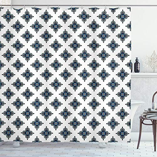 ABAKUHAUS Viktorianisch Duschvorhang, Königliche Barock Motive, Stoffliches Gewebe Badezimmerdekorationsset mit Haken, 175 x 200 cm, Blau Schwarz Weiß