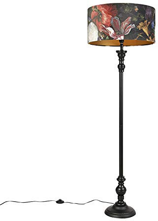Qazqa - Klassisch I Antik Stehlampe schwarz mit Samtschirm Blumen Gold I Messing 50 cm - Classico I Wohnzimmer I Schlafzimmer - Textil Länglich I Rund - LED geeignet E27