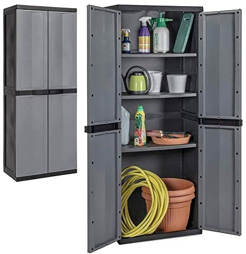 BAKAJI Armoire de rangement en plastique ABS à 4 étagères réglables 2 portes avec serrure pour meuble d'extérieur, jardin, terrasse, couleur grise, dimensions 165 x 65 x 37 cm