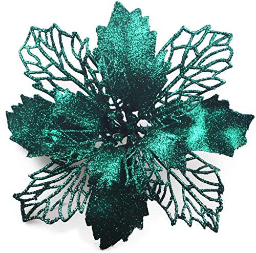 GL-Turelifes Weihnachtssternblumen, 12 Stück, glitzernd, 16 cm Durchmesser, mit 12 weichen grünen Bindungen, Schwarz / Grün