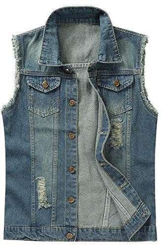 Män jeans denim väst mode jeans casual män fritid väst | Fritidsväst, ärmlös, sliten, knapprad, nedvikbar krage, blå