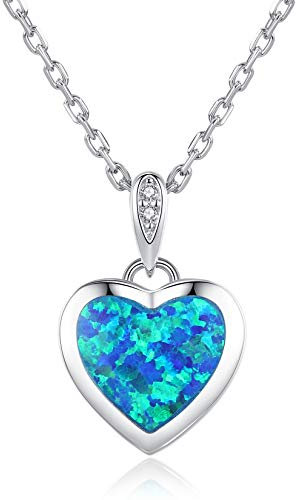 VIKI LYNN Halskette Mit Blauem Opal-Herz, 925er-Sterlingsilber, Zirkonia, 18 Karat Weißgold Vergoldet - Schmuck Für Damen Und Mädchen
