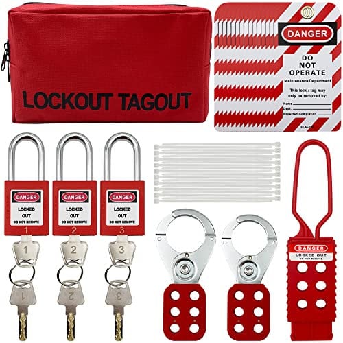 Kit di blocco e contrassegno elettrico Loto, ganci di blocco di gruppo, etichette di blocco, lucchetti di sicurezza con numero, fascette in nylon con borsa tascabile, kit rosso