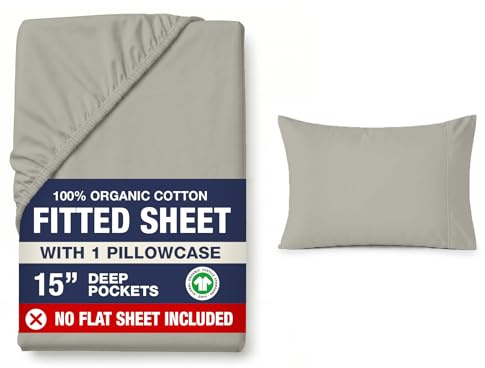 LANE LINEN Single Fitted Sheet – 100% Organic Cotton Bottom Sheet with 1 Pillow Cover, Ultra Soft & Breathable, 35cm Deep Pocket, Elastic Edges for Secure Fit - Silver