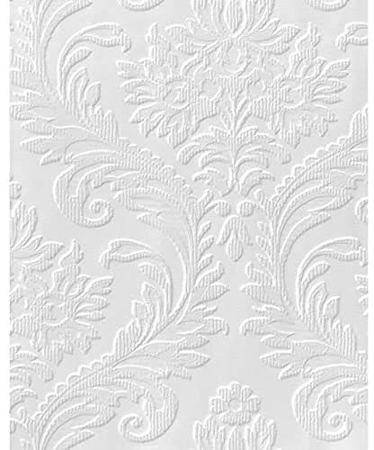Anaglypta - Carta da parati 3D, motivo damascato floreale, stile barocco vintage, in vinile, verniciabile, colore: bianco