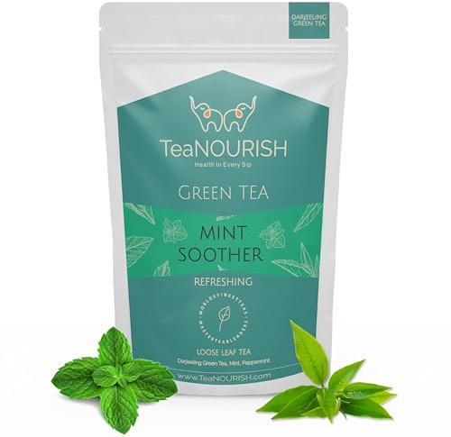 TeaNOURISH Mint Soother Green Tea | Darjeeling Loose Leaves | Blended with Fresh Mint & Peppermint Leaves | Refreshing & Calming Tea | 50 Cups Hot or Iced Tea - 3.53oz/100g
