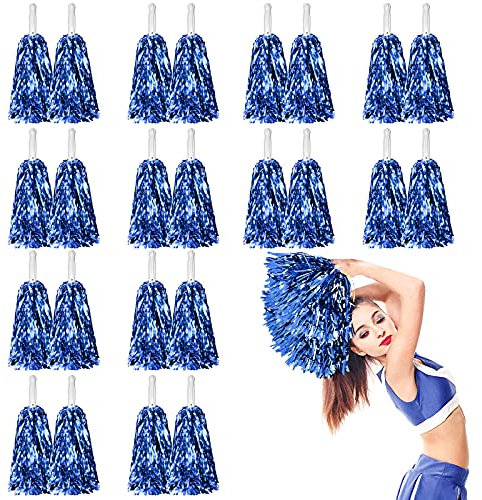 LINYAPRY 24 Pcs Metallic Cheerleading Pom Poms for Kids, Cheerleaders Cheer Pom Poms with Baton Handle, Cheering Squad Hand Flower for Adults Team Spirit Sports Game Dancing Party(Blue)