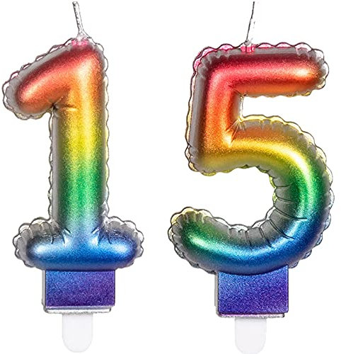 2 Zahlenkerzen * ZAHL 15 * in Regenbogen-Farben mit Steckfuß | ca. 9cm x 5,5cm groß | Farben Rainbow Deko Geburtstag Geburtstagskerze Kerze