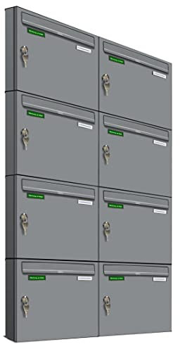 AL Briefkastensysteme Basic 8er Briefkasten RAL 9006 Weiß Aluminium Silber Edelstahl-farbig 8 Fach DIN A4 wetterfest Briefkastenanlage mit Posthaltebügel und 2 Namensschildern