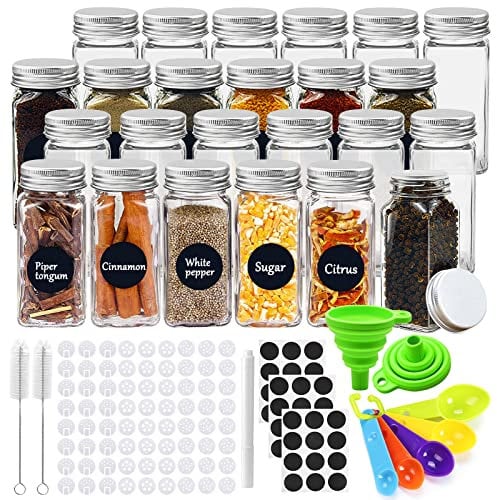 JOYBOY 24pcs Barattoli Spezie, Portaspezie per Cucina,Trasparente Vasetti,Contenitori con Etichette,2 Imbuto in Silicone