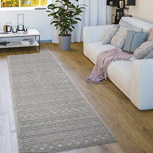 Paco Home Outdoor Teppich Wetterfest Balkon Boho Wohnzimmer Küche Skandinavisch Muster Einfarbig 3D Effekt Modern, Grösse:80x250 cm, Farbe:Grau
