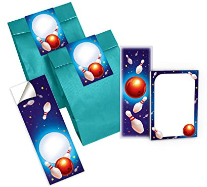 6 Lesezeichen + 6 Mini-Notizblöcke + 6 Geschenktüten (Petrol) + 6 Aufkleber Bowling Bowling-Party bunt Mitgebsel Gastgeschenk beim Kindergeburtstag Jungen Mädchen