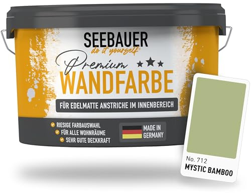 SEEBAUER diy Wandfarbe Grün 5L für Innen (No. 712 Mystic Bamboo) Edelmatte hellgrüne Innenfarbe - Grüntöne sehr hohe Deckkraft - Matt, Abwaschbar und Tropffrei