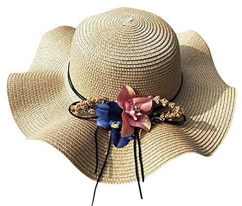SRTUMEY Sombreros de paja para mujer con decoración de flores, sombrero de paja para mujer, sombrero de paja de flores, sombrero de paja plegable de ala ancha enrollable, sombrero de playa,