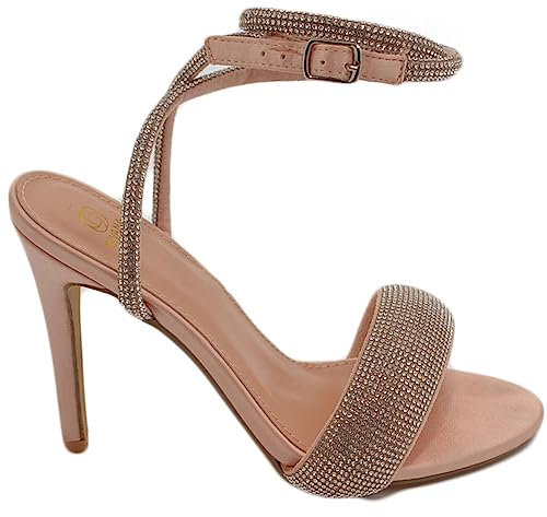 Sandalo Gioiello Donna con Tacco 12 Oro Rosa Fascia di Strass Luccicanti Cerimonia Evento Cinturino alla Caviglia (40 EU)