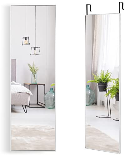 COSTWAY Over the Door Mirror, 120x37cm Full Length Hanging Mirrors with Adjustable Hooks and Aluminum Alloy Frame, Wall Mounted Dressing Mirror for Bathroom, Bedroom and Wardrobe (Silver)