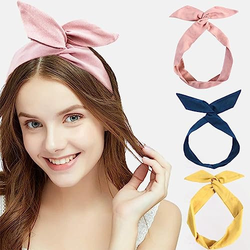 SJBAUTYO 3 pcs Haarreif im Vintage-Stil, mit Schleife, Haarband aus Eisendraht, für Damen, Farbe Draht, flexibel, Haar-Zubehör (gelb, blau, rosa)