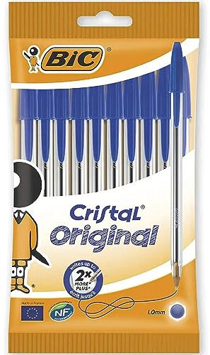 Bic Cristal Original Bolígrafos, sin manchas con punta media, ideal para oficina y escuela, paquete de 8 (tinta azul original Cristal (1,0 mm)