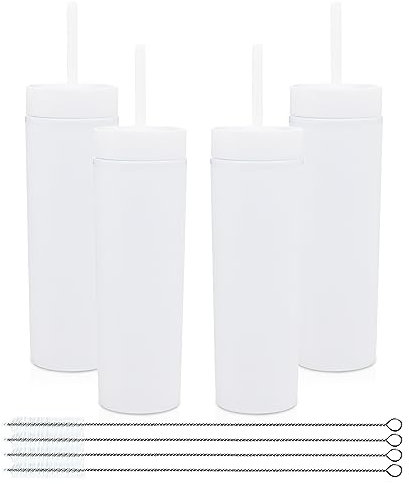 Volhoply 16oz Plastic Skinny Tumblers Bulk 4 Pack,Double Wall Tumbler with Lid and Straw,480ML Reusable Iced Coffee Mug,BPA Free Matte Acrylic Water Cups with Straw for Parties,DIY Gifts(White,4 Set