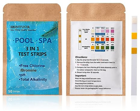 SBINTUOR Tiras Medidor Cloro y pH Piscinas 3 en 1, Test Agua de Piscina Jacuzzi Spa de pH, Cloro/Bromo, Alcalinidad Total - 50 Tiras