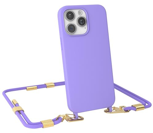 EAZY CASE - Handykette mit Karabiner kompatibel mit iPhone 15 Pro Max - Hülle Silikon Fallschutz Handyhülle für iPhone 15 Pro Max Kette zum Umhängen Schutzhülle in Lavendel Lila - Clips Gold