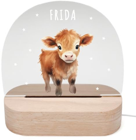 DEL MÀ Unique & Personal Personalisiertes Kuh Nachtlicht Kinder & Babys Babyzimmer Deko Kinderzimmer Nachtlampe Mädchen Jungen Kinderlampe Inkl. Holzfuß & Netzteil