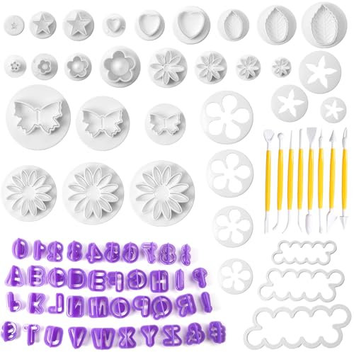 Grabado Fondant, 84Pcs Cortador Fondant Expulsor Moldes, Cortadores Fondant Moldes para Fondant, Utensilios Reposteria y Pasteleria Moldes para Glaseado, Hornear