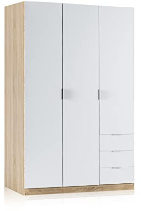HOGAR24 ES - Armario Ropero para Dormitorio de 3 Puertas y 3 Cajones, Color Roble Canadian y Blanco Artik. Medidas: 121 cm (Ancho) x 180 cm (Alto) x 52 cm (Fondo)
