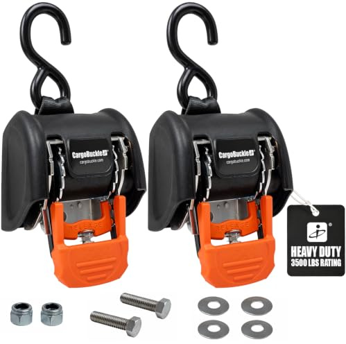 CargoBuckle G3 2-Inch Retractable Tie Down Straps - Heavy Duty Bolt on Ratchet Straps with Single S-Hook, 3,500 lbs Break Strength, 2-Pack
