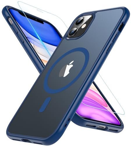 Hensinple Magnetisch für iPhone 11 Hülle mit Panzer Schutz Glas, Militärischer Stoßfest Handyhülle Kompatibel mit MagSafe Transluzente Matte Case für iPhone 11 6.1 Zoll (Blau)
