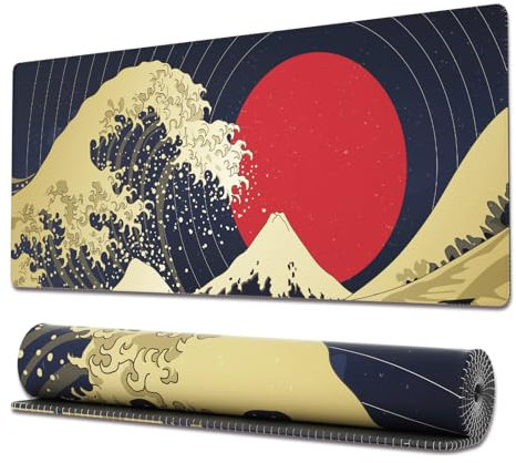 Ovenbird Extended Gaming Computer Mouse Pad, Large Black Red Mouse Pad for Desk, Cute Anime Japanese Great Wave Desk Pad for Keyboard and Mouse, Retro, 31.5 x 11.8 x 0.12 inches