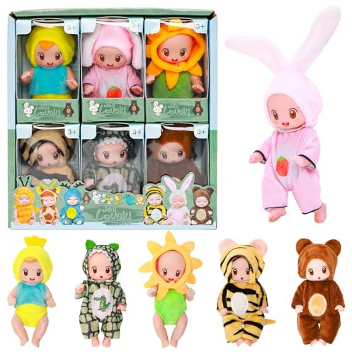 Miunana Babypuppe, Mini Puppe, Mini Babypuppen Baby Puppen, Waschbares PVC-Material, Realistische Bewegliche Babypuppe, Puppenspielzeug für Mädchen und Kleinkinder (6Pcs-Niedliche Tiere)