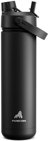 POWCAN Bouteille d'eau isotherme de 26 oz avec paille 2 en 1 et couvercle verseur, garde au froid 24 heures, s'adapte au porte-gobelet de voiture, bouteille d'eau en acier inoxydable (Dark Knight)