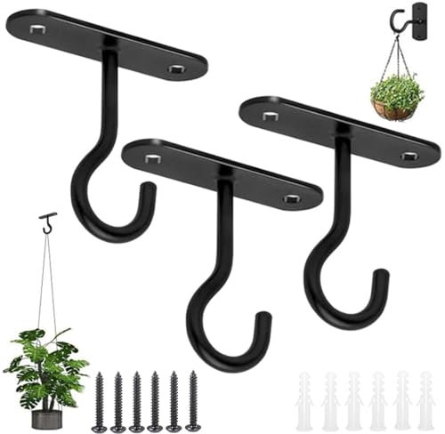 SamHeng Crochets de Plafond pour Plantes Suspendues, 3 Pack Métal Mur Crochet Swag avec Vis et Ancres, Crochets de Suspension pour Paniers Mangeoires à Oiseaux Lanternes Carillons Éoliens (Noir)