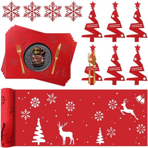 LHOEST Set di 19 tovagliette decorative natalizie, runner di Natale, in feltro, rosso