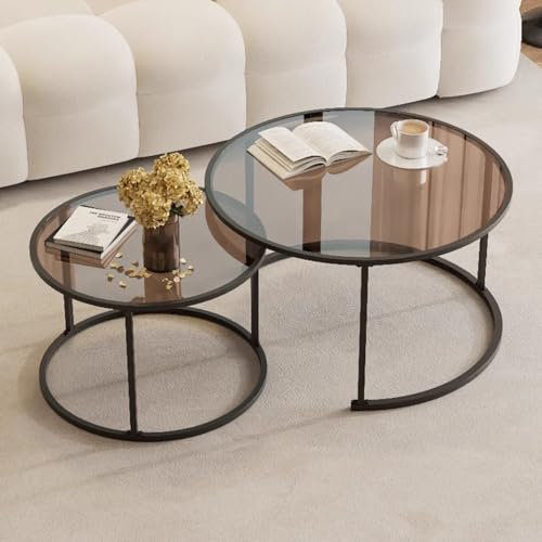 MARIYCH Table Basse gigogne Ronde, Ensemble de 2 Tables Basses en Verre, Table d'appoint de canapé empilable, Tables centrales pour Salon, Chambre à Coucher, Bureau, Balcon, Appartement