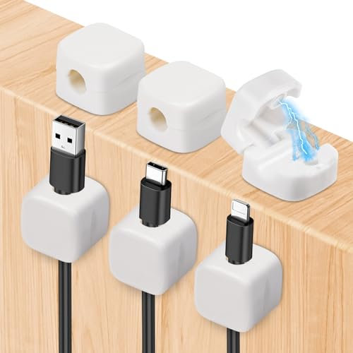 Alaoo Clips para Gestión de Cables, 6PCS Clips para Sujetacables con Magnético Duraderos, Clip de Cable de Resorte Autoadhesivo para Organizar Cables en el Escritorio (Blanco)