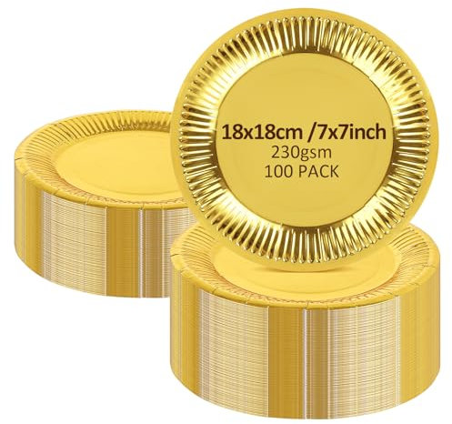 LOPYXBR 100PCS Gold Paper Plates, 7inch Golden Large Paper Plates, Round Gold Party Plateses Table Decorations, Elegant Heavy Duty Golden Festive Papers Plateses for Dinner, Wedding, Party, Birthday