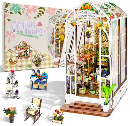 OurMiao Book Nook Kit Gartenhaus, DIY Holz Buchecke Kit für Erwachsene Frauen Teens Bücherregal Einsatz Dekor Diorama Miniaturszenen mit LED-Licht Miniaturhaus Kit Ideale Geschenke