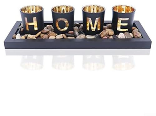 Moderne schwarze hohle Kerzenständer mit charmantem Holzbuchstaben-Design für Ihr Zuhause