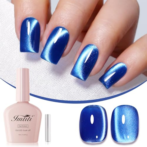 Imtiti Royal Blue Cat Eye Gel Nail Polish 10ML Deep Cobalt Magnetic Aurora UV LED Soak Off 28+ Days High Gloss Salon Nail Art Magnet Stick Women Girls Gift 0.34 fl oz