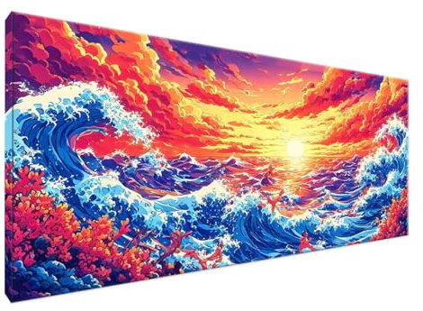 Ondas Pintar por Numeros Adultos, Pintura por Numeros Adultos Atardecer Manualidades Adultos XXL 70x140cm DIY Pintar por Numeros para Principiantes, Regalos para Mujer, Hombre, Decoracion Salon Y2-646