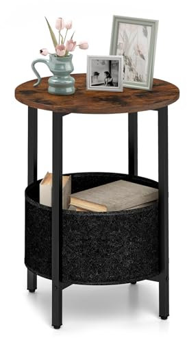 COSTWAY Small Round Side Table, 2-Tier Nightstand Sofa End Table with Fabric Storage Basket, Metal Frame Wooden Coffee Snack Tea Bedside Table for Living Room and Bedroom (Rustic Brown+Black)